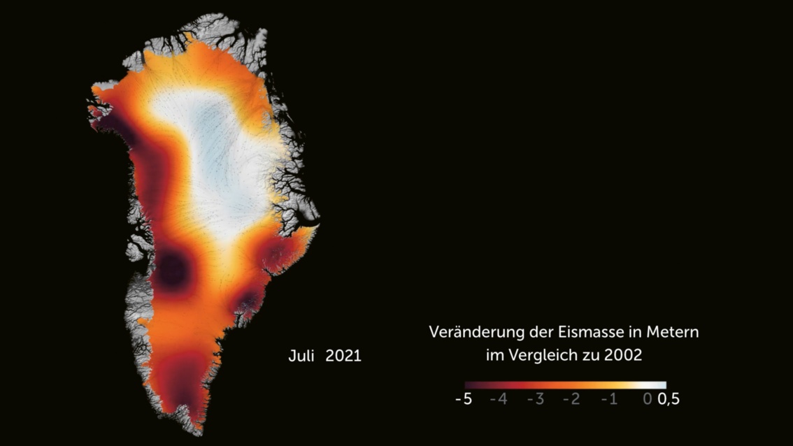 Grönland im Juli 2021. Die tiefroten Flecken sind fast schwarz, die tiefroten Flecken sind größer. Nur im Nordosten orange, Mitte weiß.