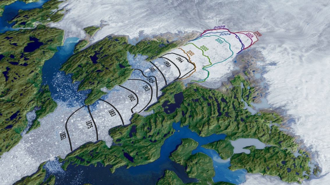In eine Luftaufnahme des Gletschers sind Linien versehen mit Jahreszahlen des Gletscherschwundes eingezeichnet.