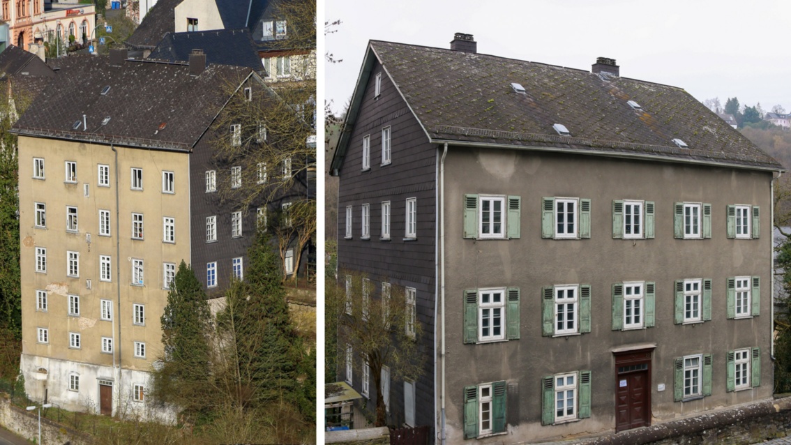 Zwei Bilder eines grauen, mehrgeschossigen Wohnhauses, das recht unspektakulär und in die Jahre gekommen aussieht.