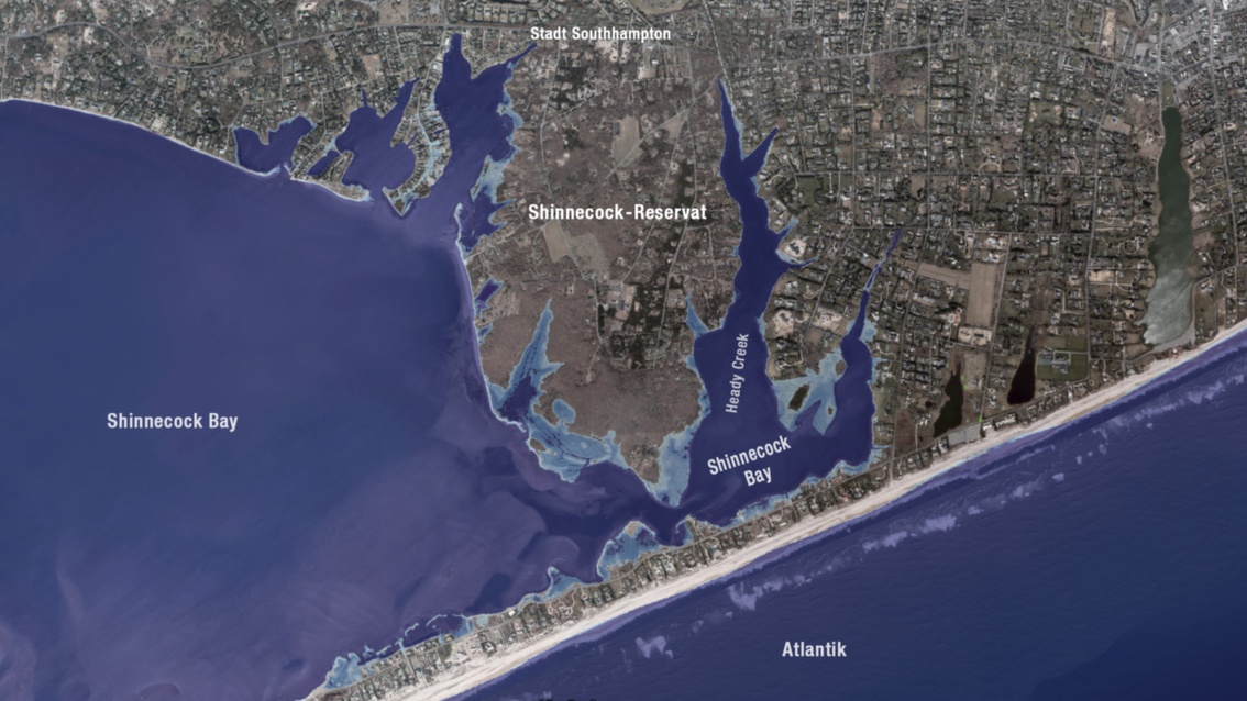 Dasselbe Satellitenbild zeigt ein violett gefärbtes Meer und an der Küste hellblaue Gebiete, die vom Wasser bedeckt werden.