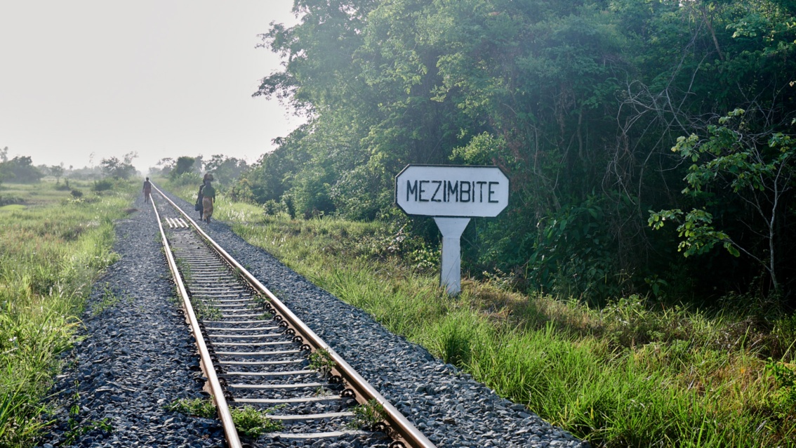 Eine Zugstrecke: Von rechts schiebt sich dichter Wald an die Gleise – davor ein Schild mit der Aufschrift „Mezimbite“.