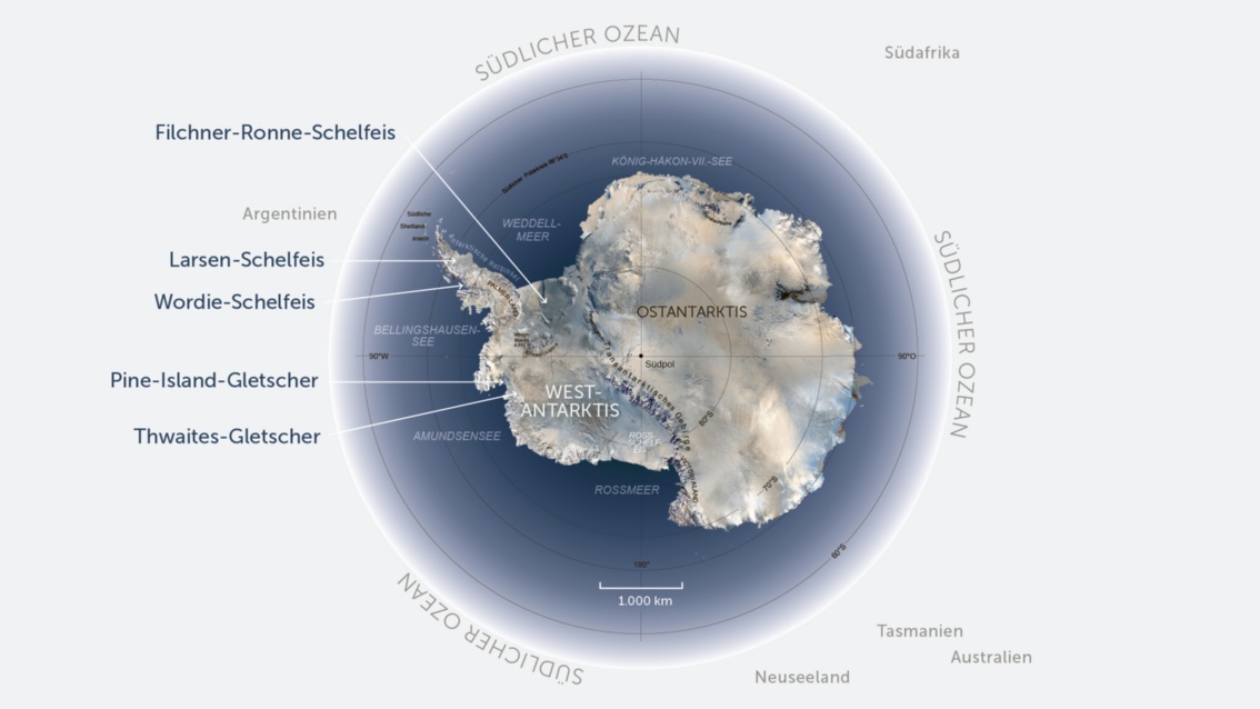Eine topografische Abbildung der Antarktis: diverse Gletscher und Schelfeise sind mit Pfeilen beschriftet.