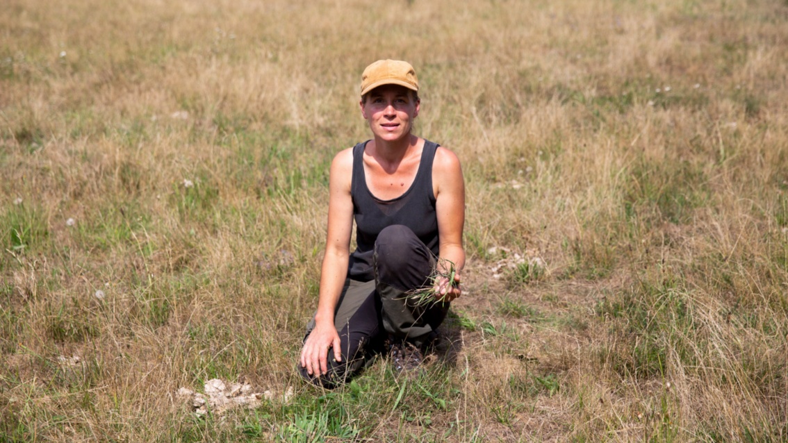 Die Landwirtin kniet auf einer trockenen Weide und hält ein Büschel Gras in ihrer linken Hand.