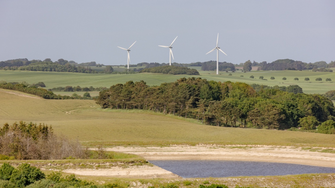 Landscape shot: three wind turbines stand between fields and small woods. 