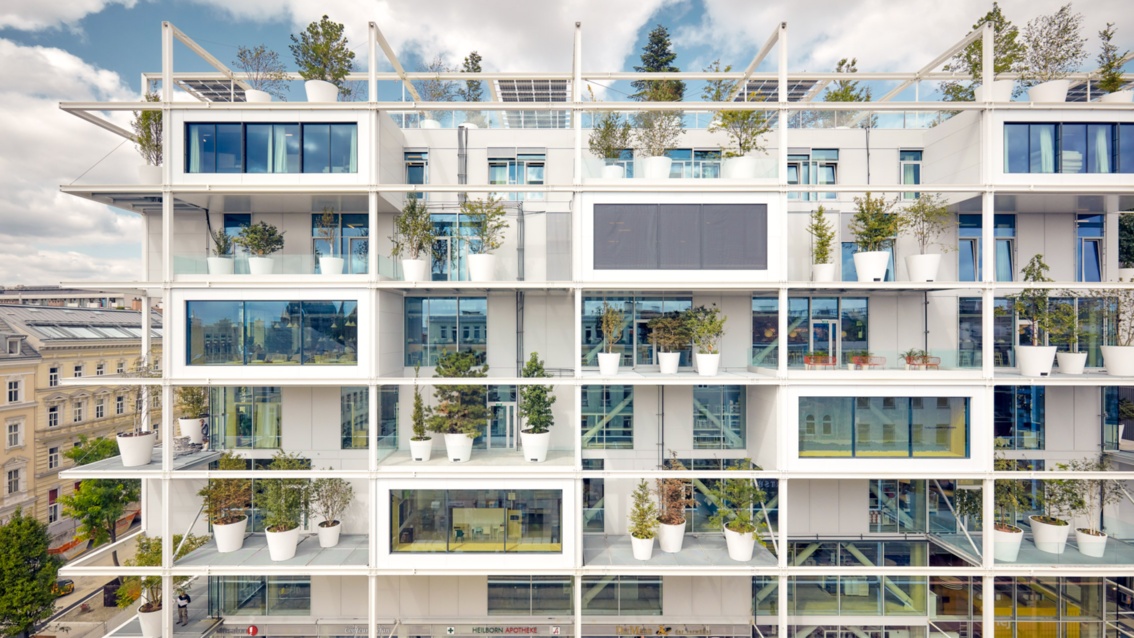 Ein modernes Gebäude mit rechteckiger Fassadenstruktur: auf vorgelagerten Terrassen stehen Bäume in großen Trögen. 