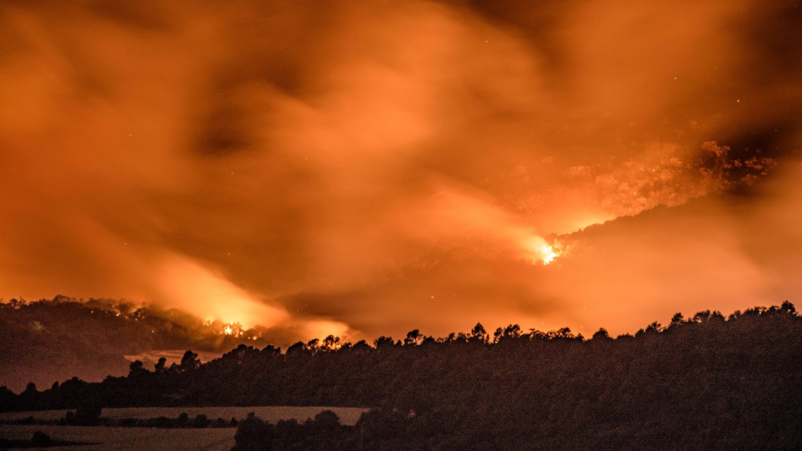 Landschaftsaufnahme: Ein Wald steht großflächig in Flammen – zwischen den Hügeln hängen rötlich schimmernde Rauchschwaden.
