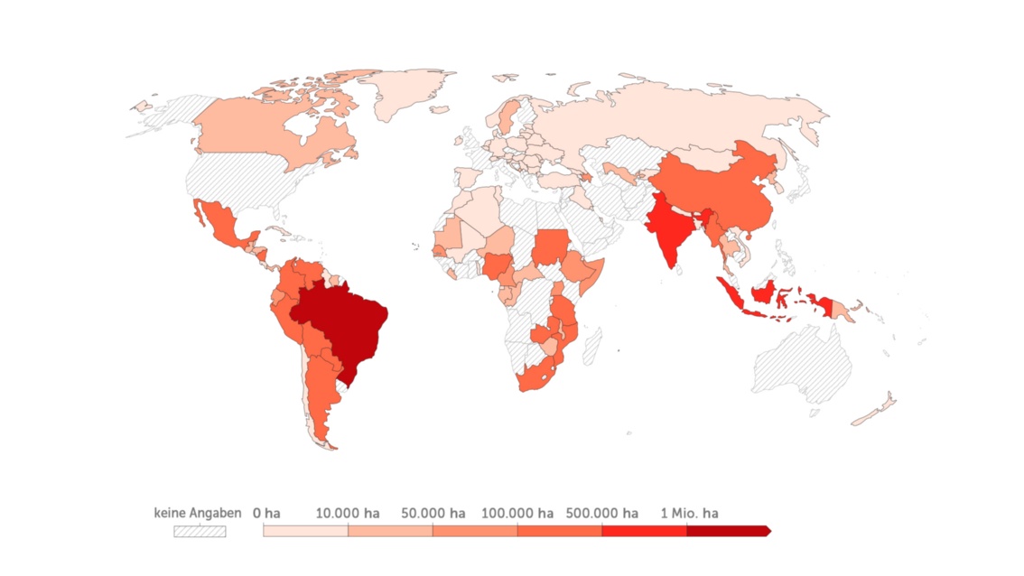 Eine weitere Weltkarte in Rottönen zeigt wieviel Waldflächen im Jahr 2015 vernichtet wurden.