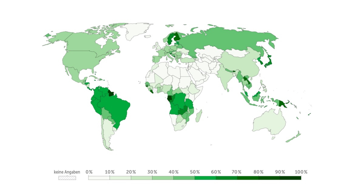 Eine Weltkarte in unterschiedlichen Grüntönen zeigt den prozentualen Waldanteil der Länder.