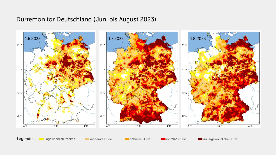 Eine Infografik zeigt dreimal die Landesumrisse Deutschlands, die von links nach rechts immer mehr von roter und gelber Farbe gefüllt ist.