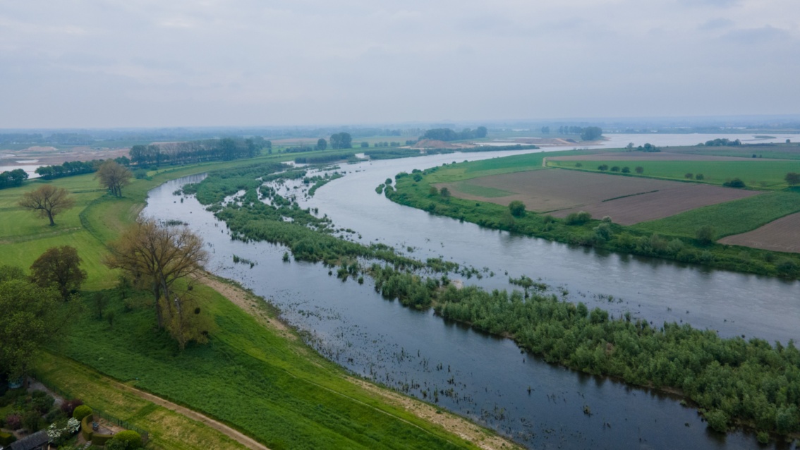 Luftfotografie: Zwei Flussarme, die eine Kurve nach Rechts beschreiben; getrennt sind sie durch eine überflutete Zone, aus der niedrige Baumkronen ragen.