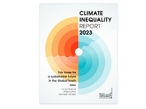 Das Cover des Climate Inequality Report zeigt einen zerschnittenen Kreis, links in Orange, rechts in Blau.