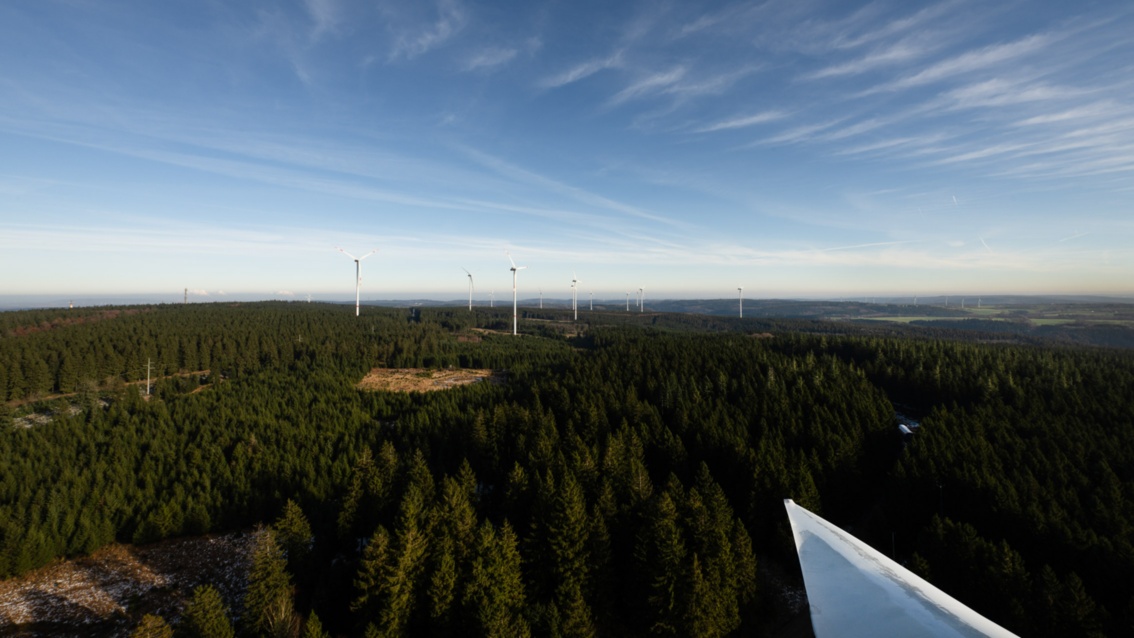 Blick von oben: Aus einer bewaldeten Landschaft ragen zahlreiche Windräder in den blauen Himmel.