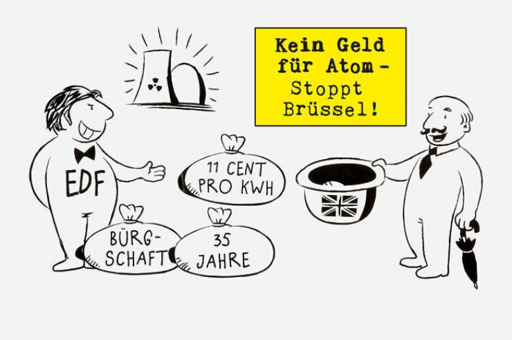 Zeichnung, die in Comicform die dubiosen Abmachungen zwischen der Electricité de France und der EU-Komission visualisiert