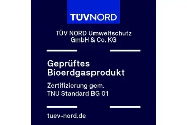 Siegel des TÜV NORD: Geprüftes Bioerdgasprodukt, Zertifizierung gem. TNU Standard BG 01
