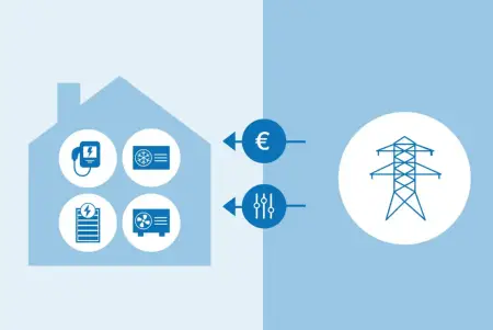 Zweigeteilte Grafik, links ein Haus mit steuerbaren Verbrauchseinrichtungen, rechts eine großer Strommast, dazwischen Geldströme und Regelvorgänge