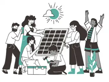 Illustration: Eine nachbarschaftliche Szene, die den gemeinschaftlichen Bau einer PV-Anlage zeigt. 