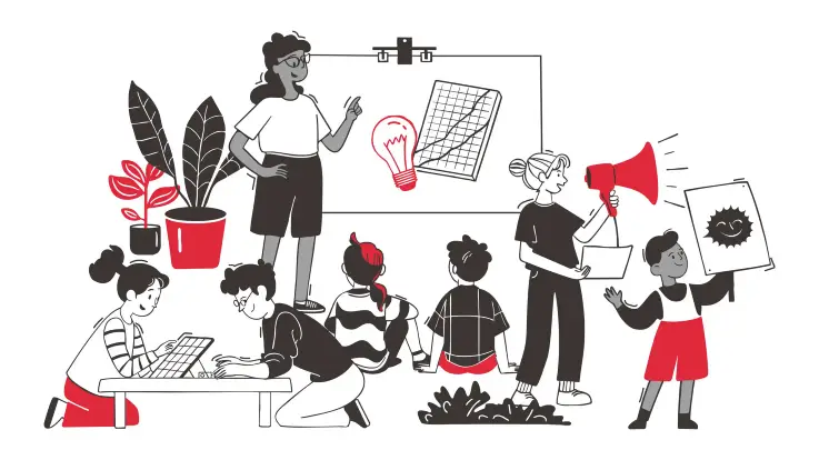 Illustration: Eine Gruppe von Menschen befasst sich mit der Planung eines Energieprojekts: Sie diskutieren über Daten und Pläne, betrachten Diagramme, arbeiten mit Tablets oder Modellen.