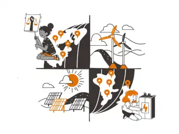 Illustration: Eine stilisierte Weltkarte mit eingezeichneten Energieprojekten und symbolischen Energieflüssen steht im Zentrum. Sie verweist auf globale Zusammenhänge, Solidarität und gerechte Teilhabe an der Energiewende.