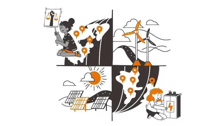 Illustration: Eine Weltkugel, in vier Segmente geteilt, darin Sujets zu den Themen Energiegerechtigkeit, Erneuerbare Energien und Speicher