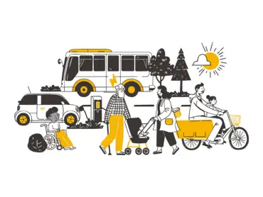 Illustration: Menschen bewegen sich klimafreundlich durch den urbanen Raum - mit Fahrrädern, E-Auto, Lastenrädern und E-Bussen.