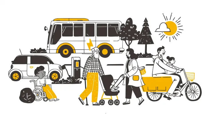 Illustration: Menschen bewegen sich klimafreundlich durch den urbanen Raum - mit Fahrrädern, E-Auto, Lastenrädern und E-Bussen.