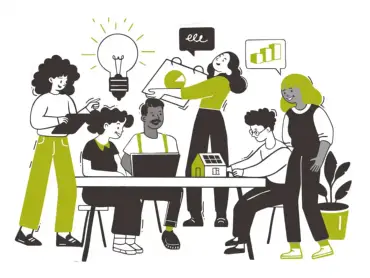 Illustration: Eine Gruppe von Menschen befasst sich mit der Planung eines Energieprojekts: Sie diskutieren über Daten und Pläne, betrachten Diagramme, arbeiten mit Tablets oder Modellen.