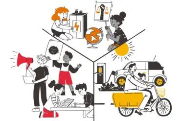 Illustration: Eine nachbarschaftliche Szene, die den gemeinschaftlichen Bau einer PV-Anlage zeigt. 