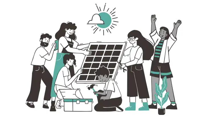 Illustration: Eine Gruppe von Menschen befasst sich mit der Planung eines Energieprojekts: Sie diskutieren über Daten und Pläne, betrachten Diagramme, arbeiten mit Tablets oder Modellen.