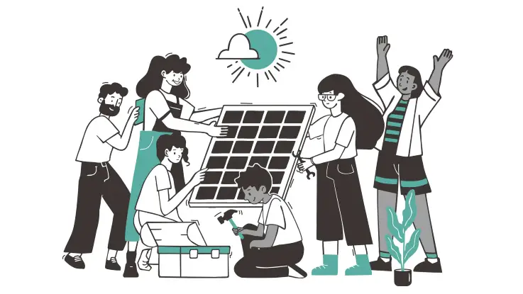 Illustration: Eine Gruppe von Menschen befasst sich mit der Planung eines Energieprojekts: Sie diskutieren über Daten und Pläne, betrachten Diagramme, arbeiten mit Tablets oder Modellen.