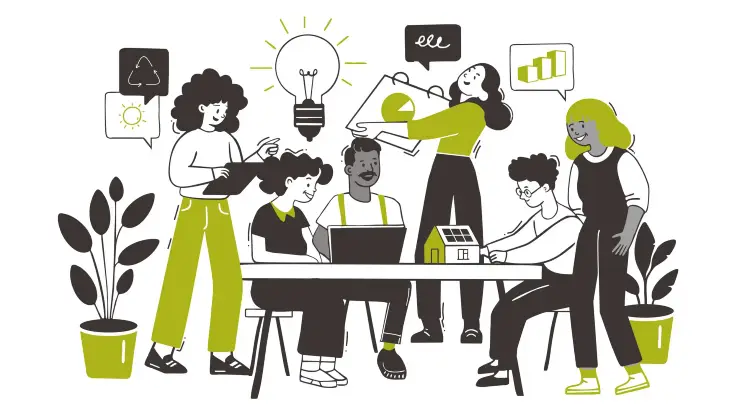 Illustration: Eine Gruppe von Menschen befasst sich mit der Planung eines Energieprojekts: Sie diskutieren über Daten und Pläne, betrachten Diagramme, arbeiten mit Tablets oder Modellen.