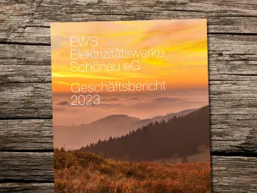 Auf einer Holzfläche liegt ein Geschäftsbericht