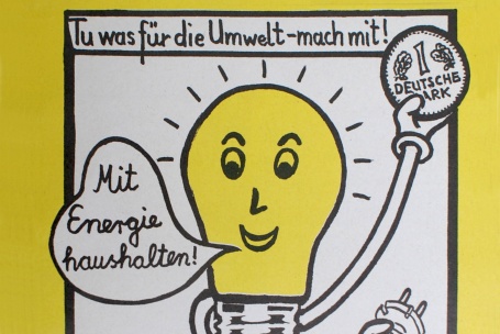 Plakat für Stromsparwettbewerb mit sprechender Glühbirne, 1989