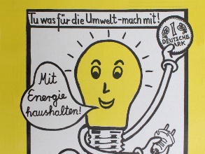 Plakat für Stromsparwettbewerb mit sprechender Glühbirne, 1989