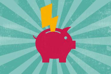 Illustration: Vor einem Strahlen-Hintergrund sieht man ein Sparschwein, in welches ein Energieblitz wandert