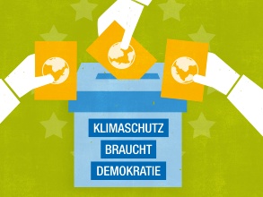 Symbolgrafik: Eine Wahlurne mit der Aufschrift „Klimaschutz braucht Demokratie“, um die drei Arme sind, welche Zettel mit einer Weltkugel einwerfen