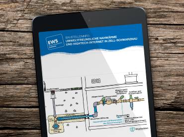 Auf einem Pad erscheint ein Hydraulikschema und das EWS-Logo