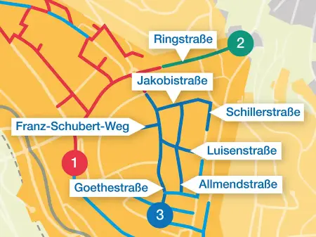 Detailansicht: Erweiterung des Wärmenetzes Richtung Ringstraße (mit Grün und der Ziffer 2 markiert) sowie zur Goethestraße und zum Franz-Schubert-Weg (mit Blau und der Ziffer 3 markiert)