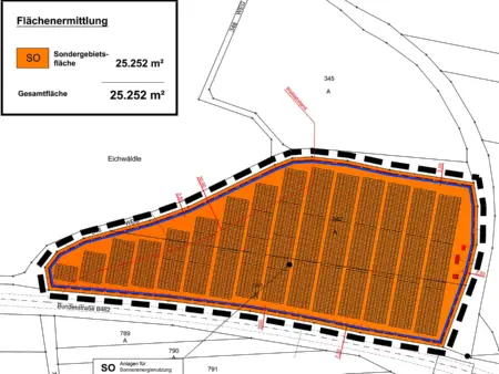 Plan, der die Fläche des Solarparks nördlich der Gemeine Zimmern zeigt.