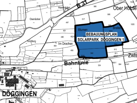 Auf einer Karte von Döggingens Umgebung sind die Flurstücke dick umrandet, auf denen der Solarpark entstehen wird.