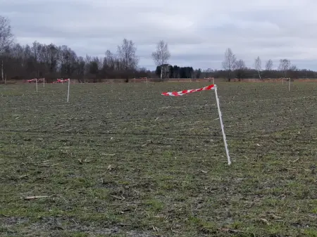 Auf einem brachliegenden Feld sind Metallstangen in den Boden geschlagen, an denen rotweiße Bänder im Wind flattern.