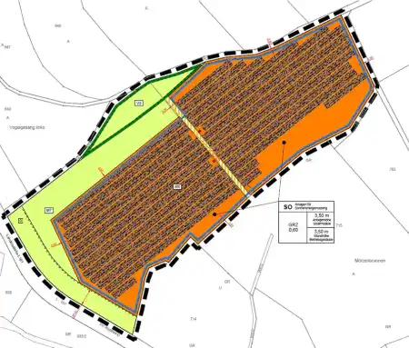Bebauungsplan für den Solarpark Mörzenbrunnen, die für den Solarpark vorgesehenen Flächen sind orangefarben hervorgehoben.