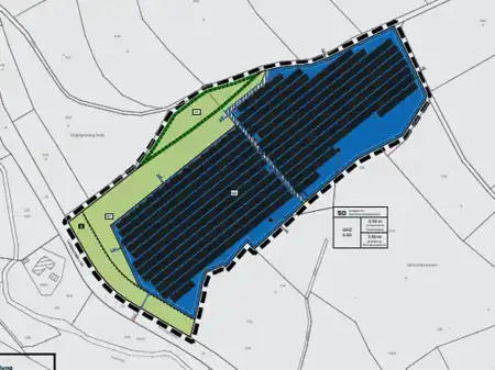 Bebauungsplan für den Solarpark Mörzenbrunnen, die für den Solarpark vorgesehenen Flächen sind hellgün und blau hervorgehoben.