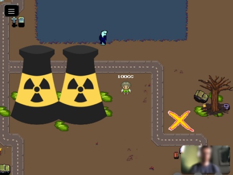 Eine Computerspielgrafik, darauf sind zwei AKW mit Radioaktiv-Zeichen, eine Straße sowie die Miniatur eines Mitspielers zu erkennen.