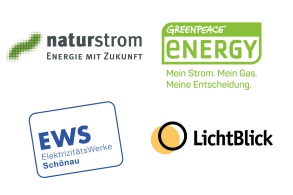 Logos der Ökostromanbieter Naturstrom, greenpeace, EWS und LichtBlick