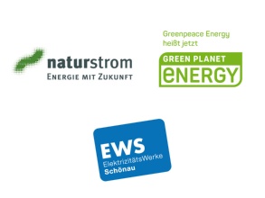 Logos der EWS Schönau, Green Planet Energy und NATURSTROM