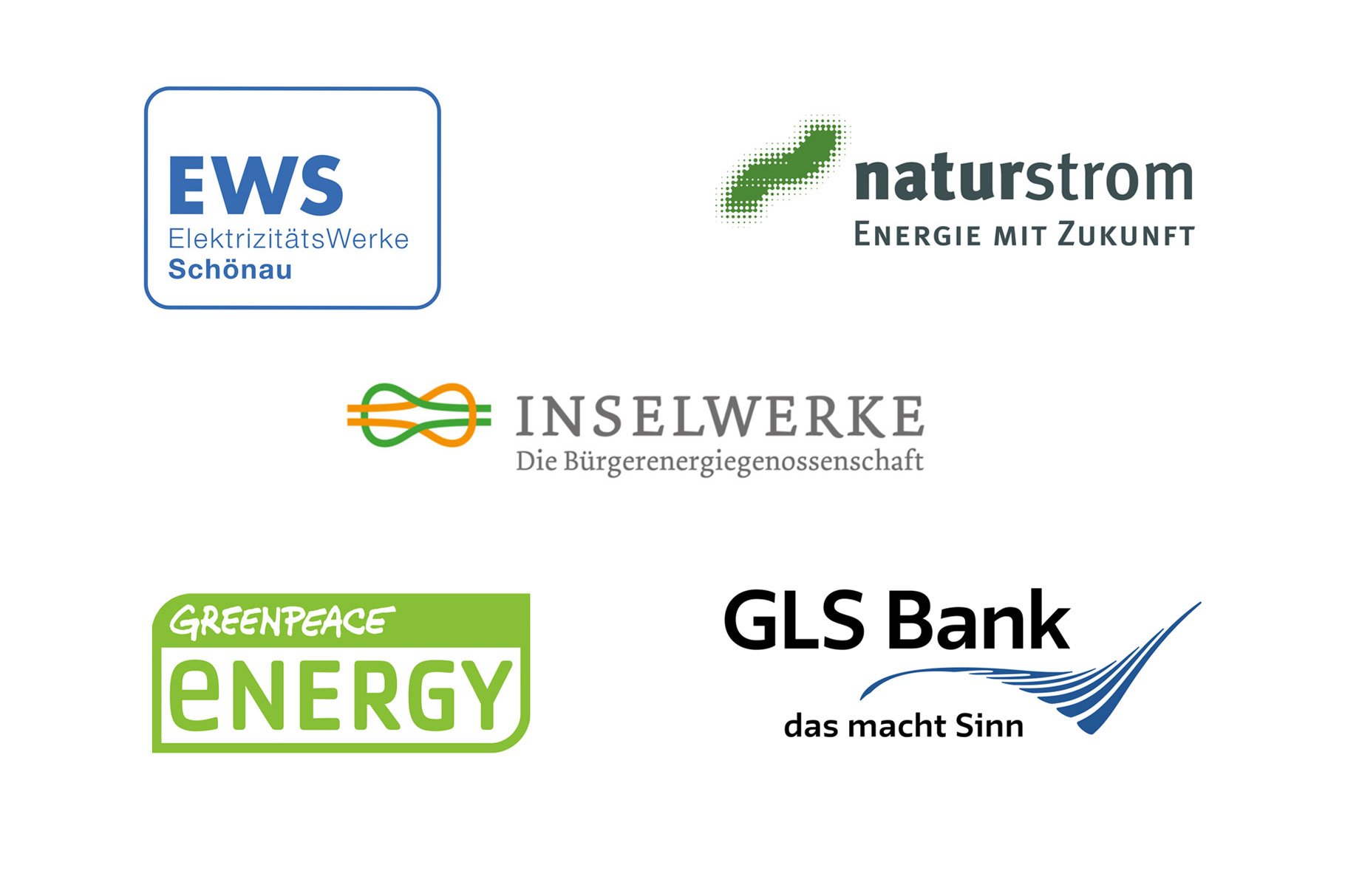 Logos Greenpeace Energy, Inselwerke, NATURSTROM und GLS Bank