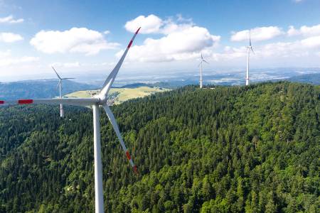 Vier Windkraftanlagen auf einem bewaldeten Berg