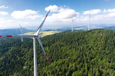 Vier Windkraftanlagen auf einem bewaldeten Berg