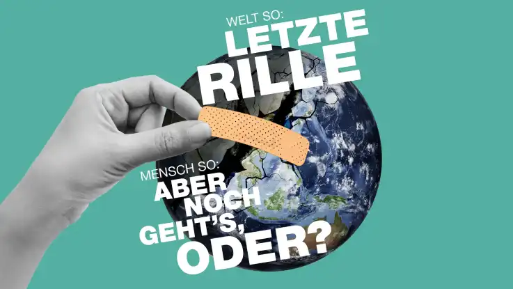 Motiv: “Letzte Rille” Weltkugel hat tiefen Riss. Hand klebt Pflaster darüber.  Welt so: letzte Rille, Mensch so: aber noch geht’s, oder?