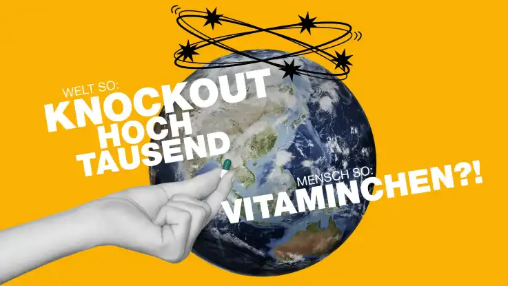 Motiv: “Knockout” Über Weltkugel kreisen Comic-Sternchen. Hand reicht winzige Medizin-Tablette.  Welt so: Knockout hoch tausend, Mensch so: Vitaminchen?